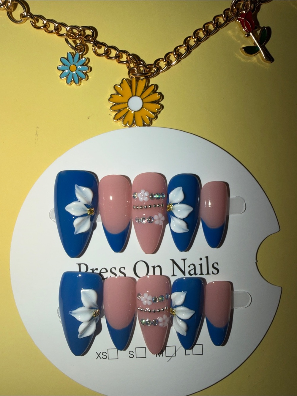 Floral Blue & Nude Press-On Nails with Crystal Accents